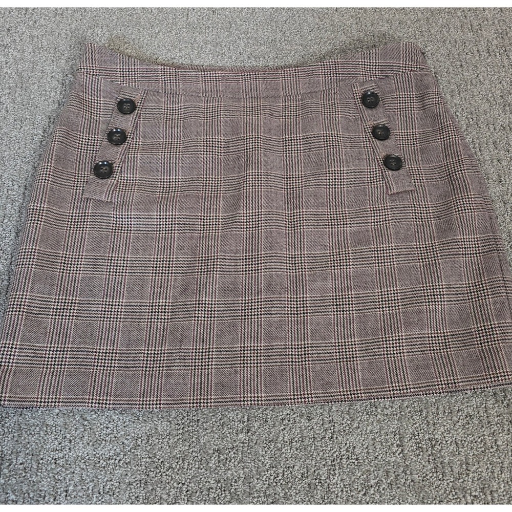 Banana Republic Wool Plaid Mini Skirt 14 Brown Burgundy Button Dark Academia